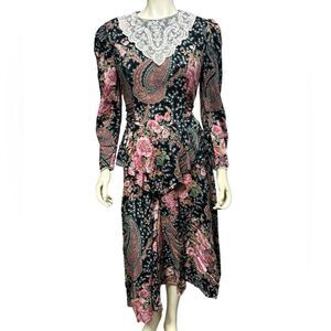 Vintage 1980’s David Benjamin Long Sleeve Floral Black Maxi Dress Pink Roses
